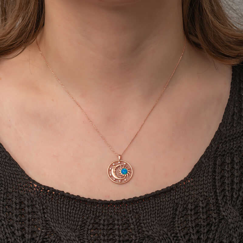 Rose Gold Plated Celestial Moon & Sun Necklace with Blue Opal