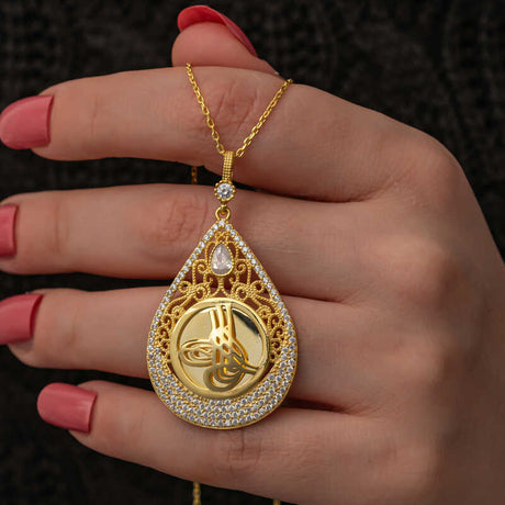 Gold Plated Silver Teardrop Tughra Necklace with Dazzling Zirconia