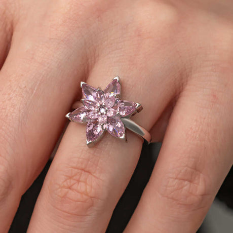Sterling Silver Pink Lotus Flower Ring - Elegant Floral Statement