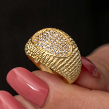 Statement Ring - Gold-Tone Zircon Pave Textured Dome Ring