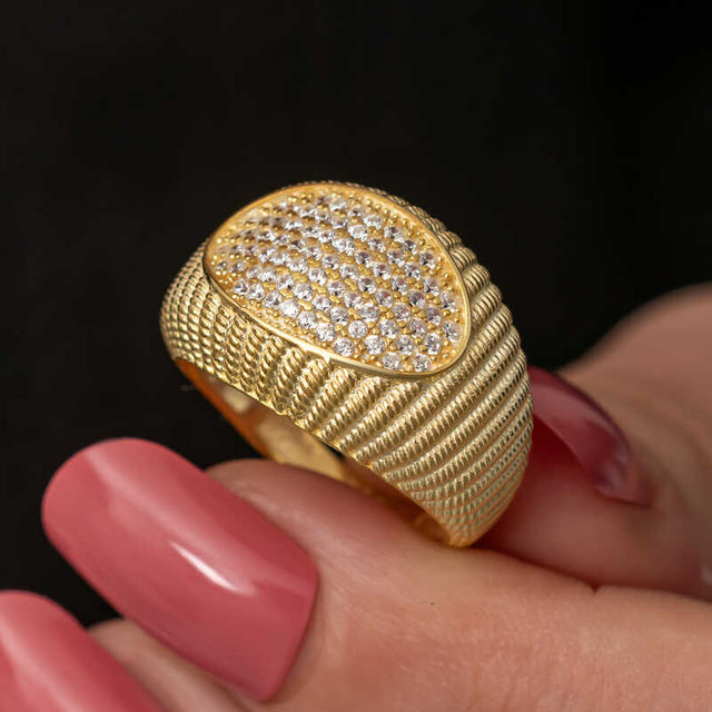 Statement Ring - Gold-Tone Zircon Pave Textured Dome Ring