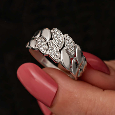 Ring - Sterling Silver Zircon Pave Leaf Band