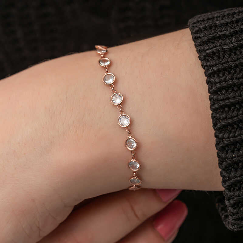Bracelet - Elegant Rose Gold Plated White Stone Bezel Set