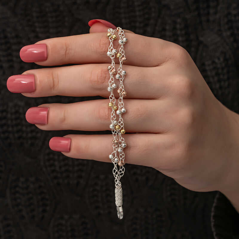 Sterling Silver - Multi-Tone Shimmering Bead Chain Bracelet