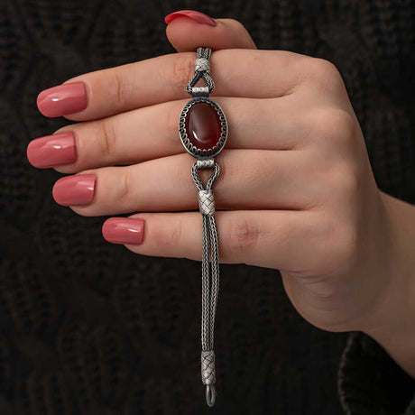 Silver Kazaziye Bracelet - Carnelian Stone Artisan Weave
