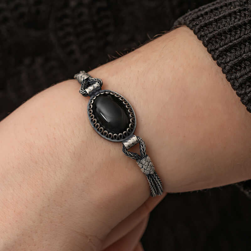 Sterling Silver Black Onyx Kazaziye Bracelet - Handcrafted Woven Design