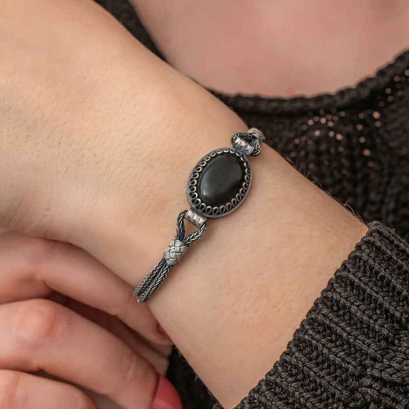 Sterling Silver Black Onyx Kazaziye Bracelet - Handcrafted Woven Design