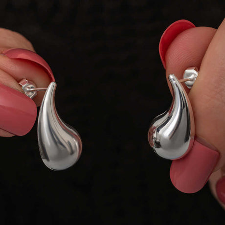 Sterling Silver Teardrop Stud Earrings - Polished Modern Design