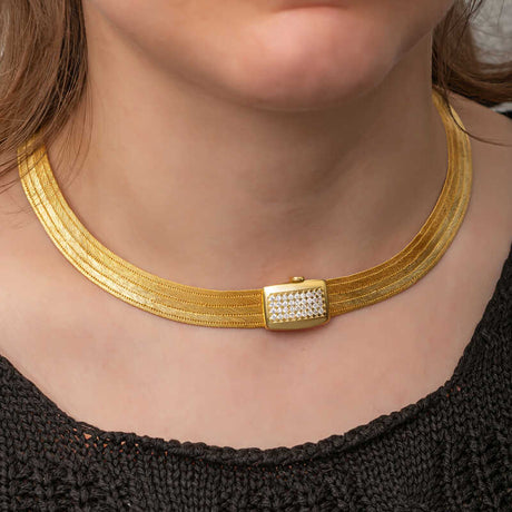 Gold-Tone Trabzon Woven Necklace - Zirconia Embellished Mesh Design