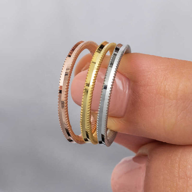 Tri-Color Stackable Band Rings - Delicate Textured Sterling Silver Set