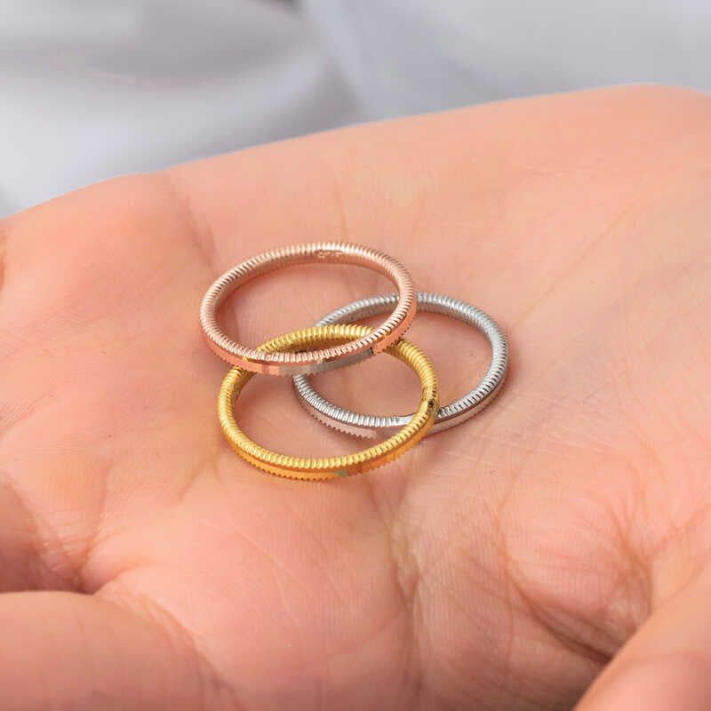 Tri-Color Stackable Band Rings - Delicate Textured Sterling Silver Set