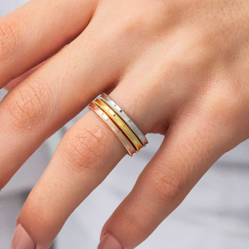 Tri-Color Stackable Band Rings - Delicate Textured Sterling Silver Set