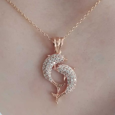 Necklace - Rose Gold-Tone Pavé Dolphin Couple Pendant