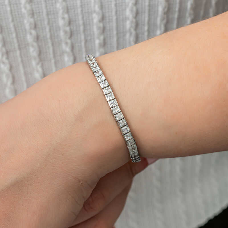 Sterling Silver Tennis Bracelet - Square Cut Cubic Zirconia