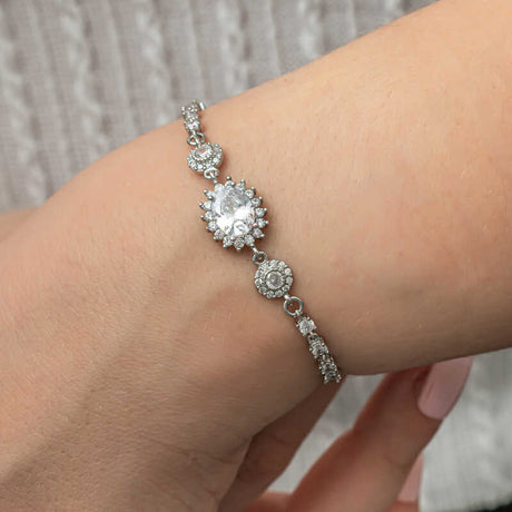 Sterling Silver Oval Halo Cubic Zirconia Statement Bracelet