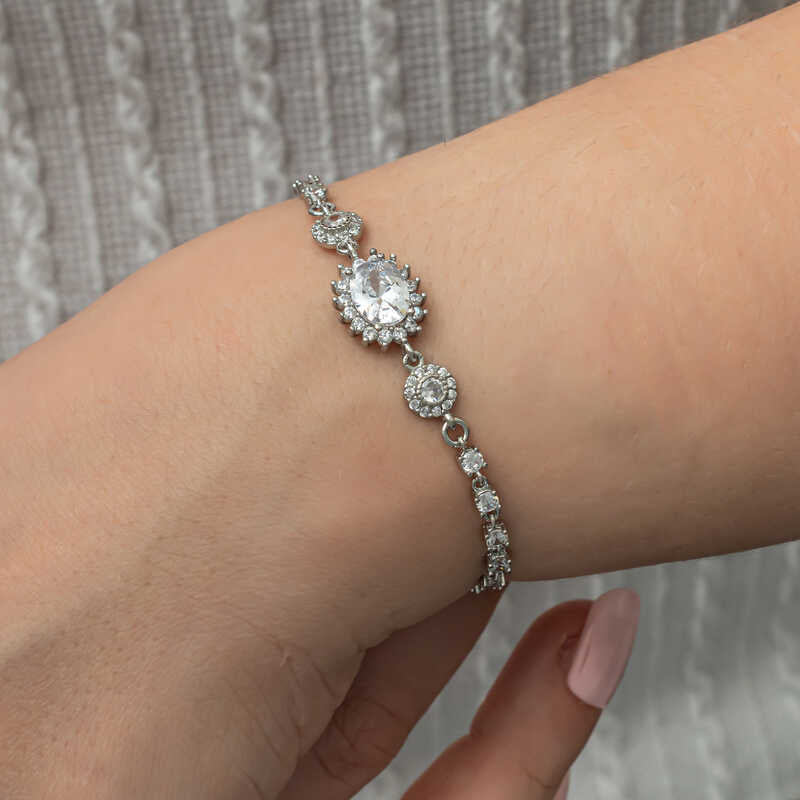 Sterling Silver Oval Halo Cubic Zirconia Statement Bracelet