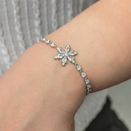 Sterling Silver Bracelet - Sparkling Lotus Flower & Zirconia Path Design