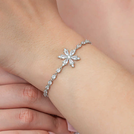 Sterling Silver Bracelet - Sparkling Lotus Flower & Zirconia Path Design