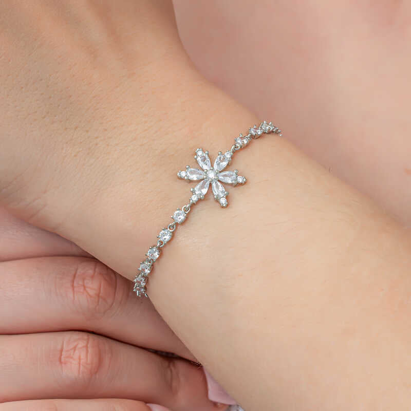 Sterling Silver Bracelet - Sparkling Lotus Flower & Zirconia Path Design