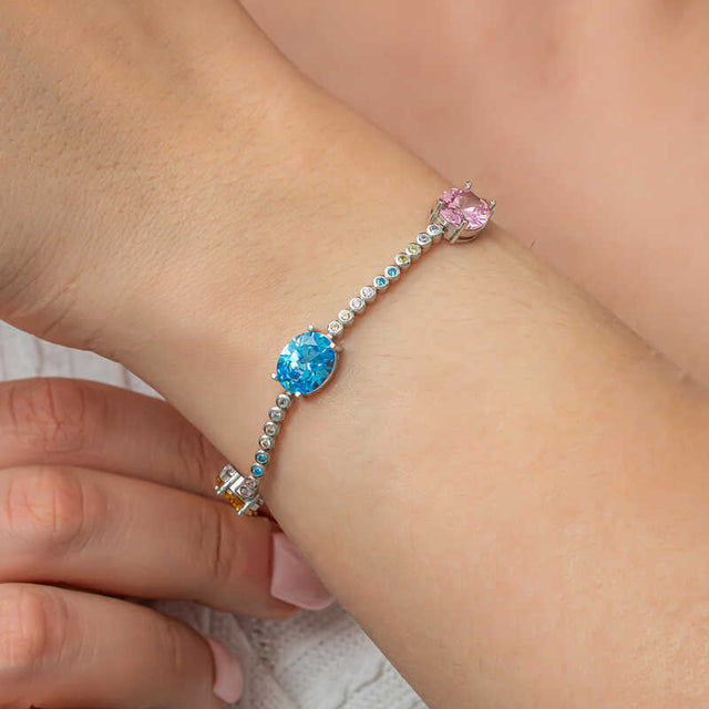 Silver-Tone Mixed Gemstone Tennis Bracelet - Oval Cut Dazzling Design