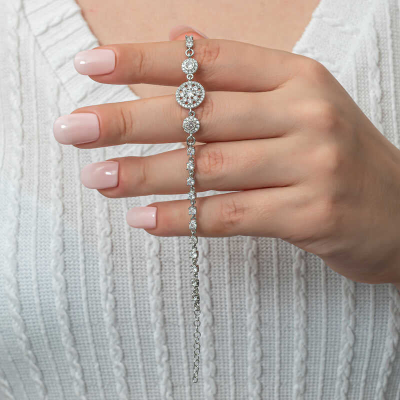 Sterling Silver White Stone Circle Cluster Pave Bracelet