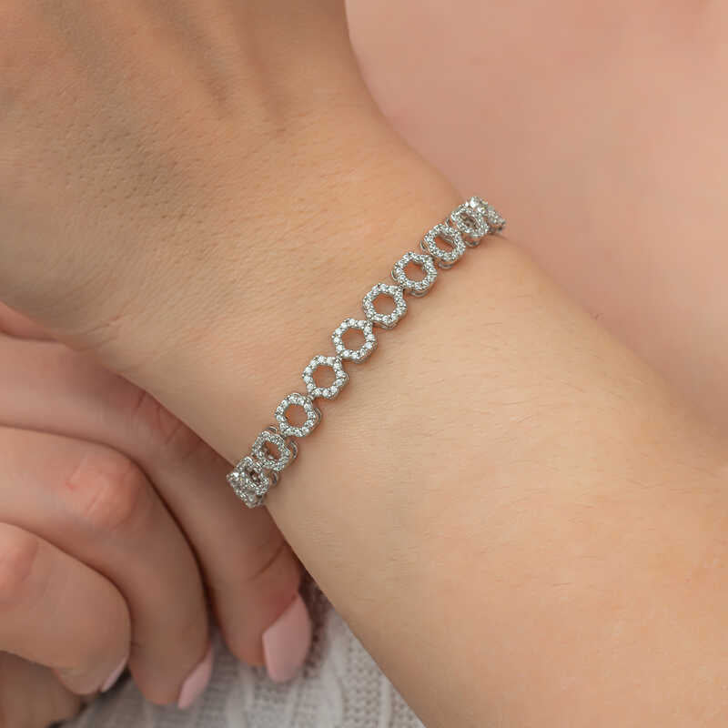 Sterling Silver White Stone Circle Link Eternity Bracelet