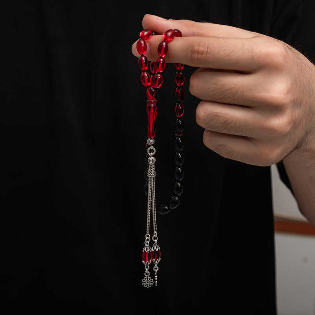 Elegant Prayer Beads - Red & Black Pressed Amber with Silver Tassel