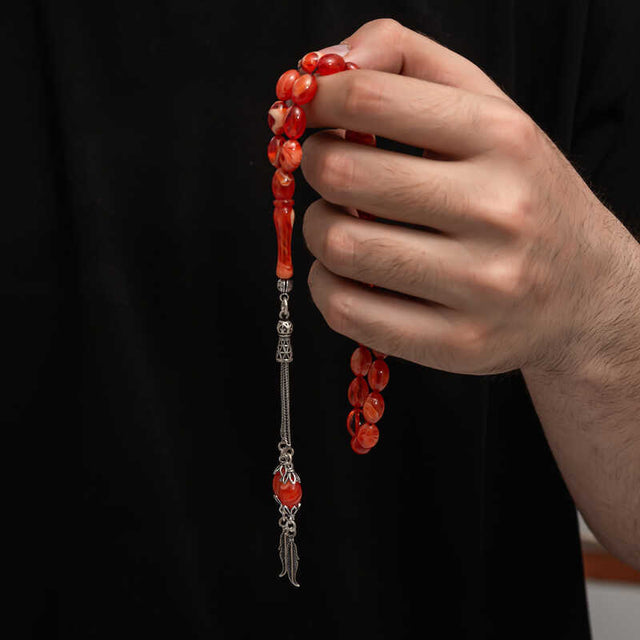 Prayer Beads - Red Marbled Sikma Kehribar with Silver Tassel