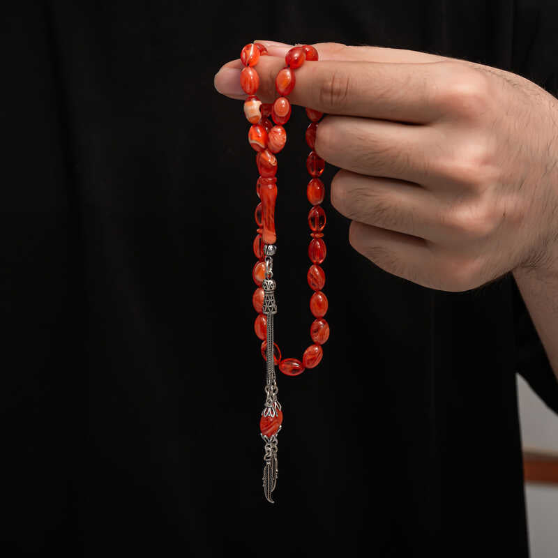 Gebedskralen - Rood Gemarmerde Sıkma Kehribar met Zilveren Kwast