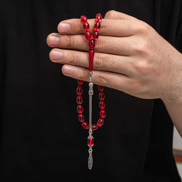 Elegant Tesbih - Red Compressed Amber Beads with Sterling Silver Tassel