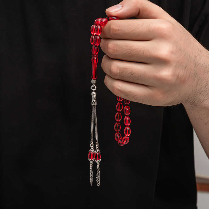 Elegant Tesbih - Red Compressed Amber Beads with Sterling Silver Tassel