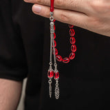 Elegant Tesbih - Red Compressed Amber Beads with Sterling Silver Tassel