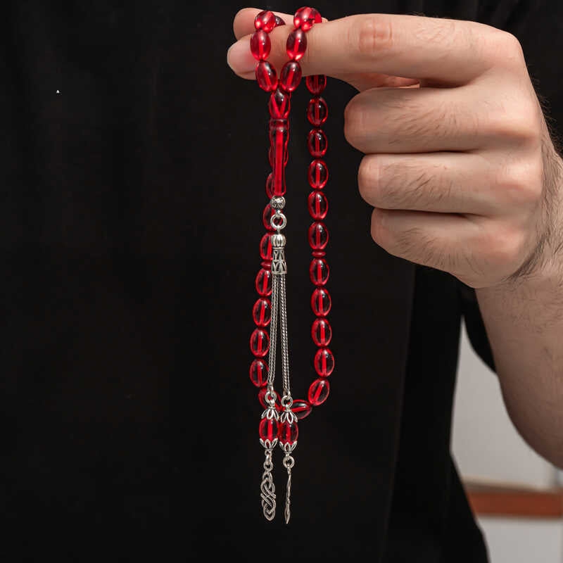 Elegant Tesbih - Red Compressed Amber Beads with Sterling Silver Tassel