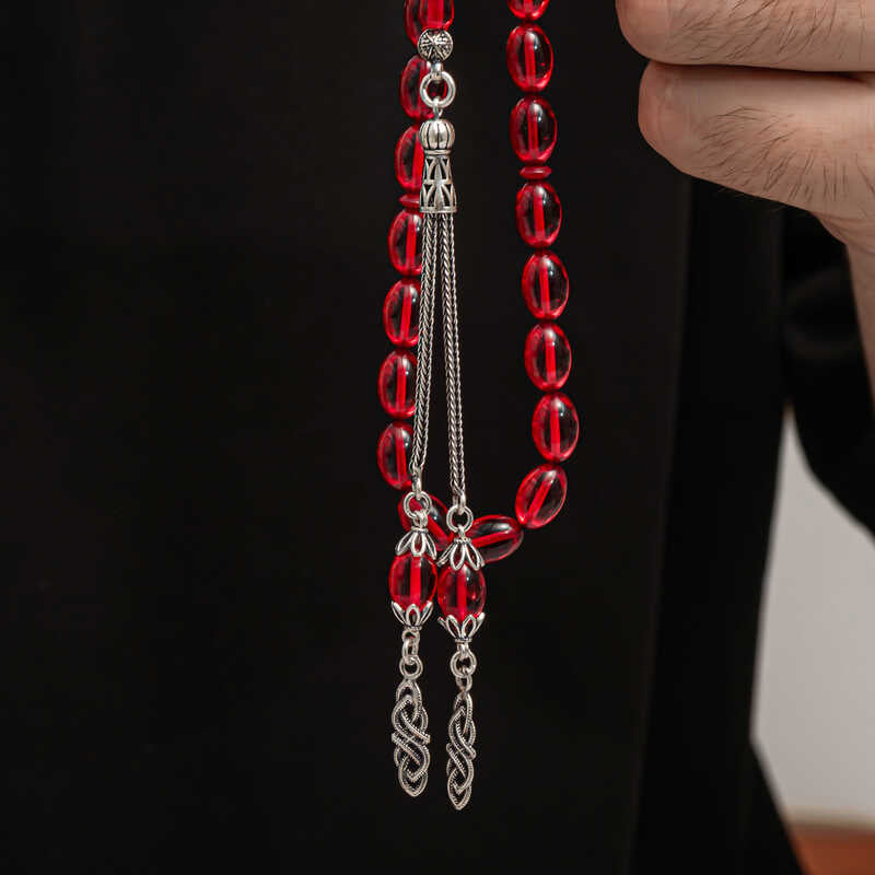 Elegant Tesbih - Red Compressed Amber Beads with Sterling Silver Tassel