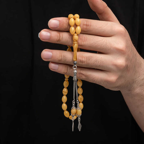Tesbih Prayer Beads - Amber-Tone Resin with Sterling Silver Tassel