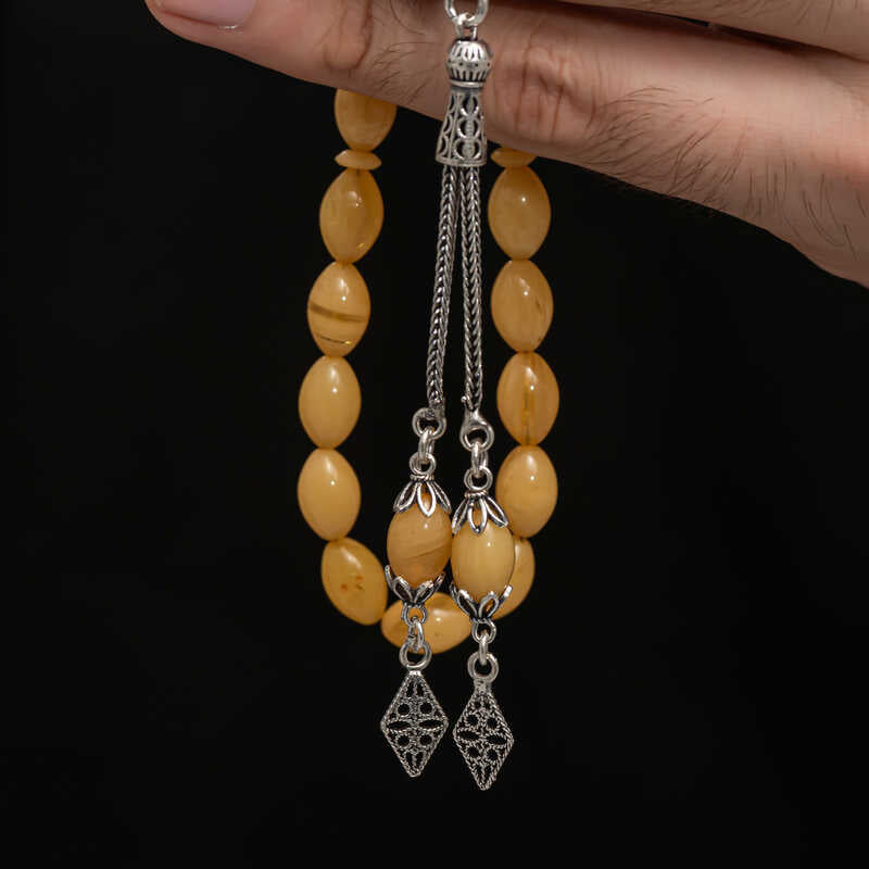 Misbaha per la Preghiera - Resina color Ambra con Nappa in Argento Sterling