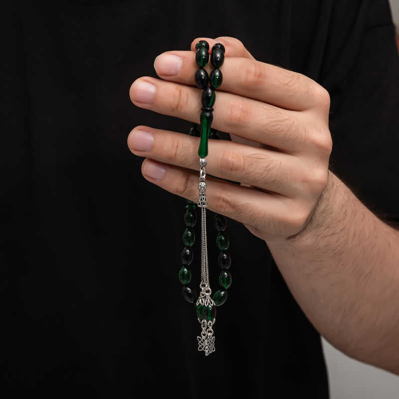 Elegant Green Pressed Amber Prayer Beads with Silver Tassel