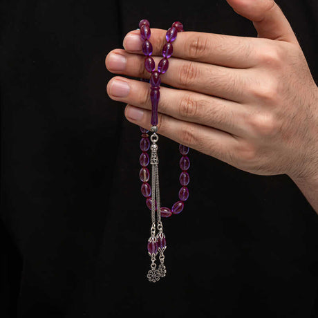 Tesbih - Purple Sikma Kehribar Prayer Beads, Silver Tassel