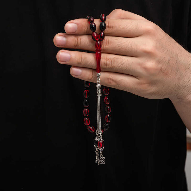 Tesbih Prayer Beads - Deep Red Amber-Style Beads with Silver Tassel