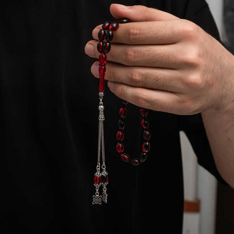 Tesbih Prayer Beads - Deep Red Amber-Style Beads with Silver Tassel