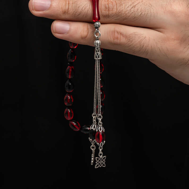 Tesbih Prayer Beads - Deep Red Amber-Style Beads with Silver Tassel