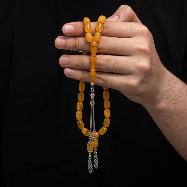 Tesbih - Traditional Pressed Amber Prayer Beads with Silver Tassel