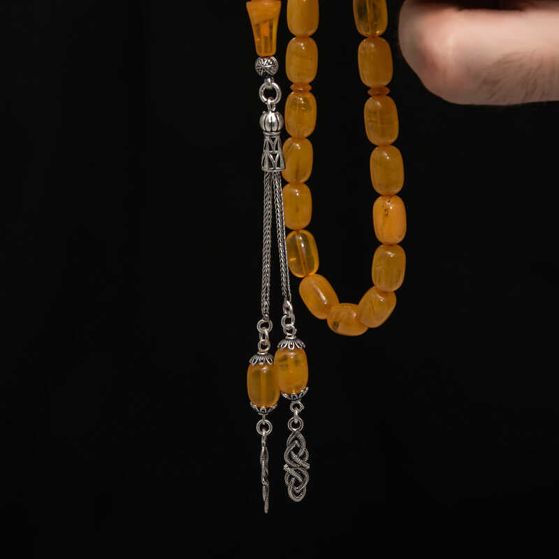 Tesbih - Cuentas de oración tradicionales de ámbar prensado con borla de plata