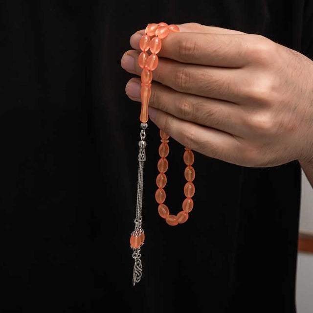 Tesbih - Pressed Amber Prayer Beads with Silver-Tone Tassel