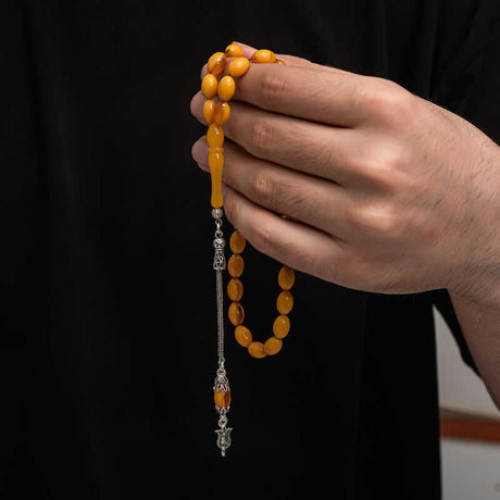 Tesbih Prayer Beads - Pressed Amber with Elegant Silver Tassel