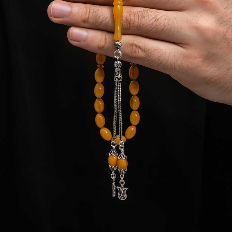 Tesbih Prayer Beads - Pressed Amber with Elegant Silver Tassel