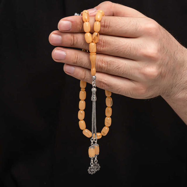 Tesbih - Pressed Amber Prayer Beads with Sterling Silver Tassel
