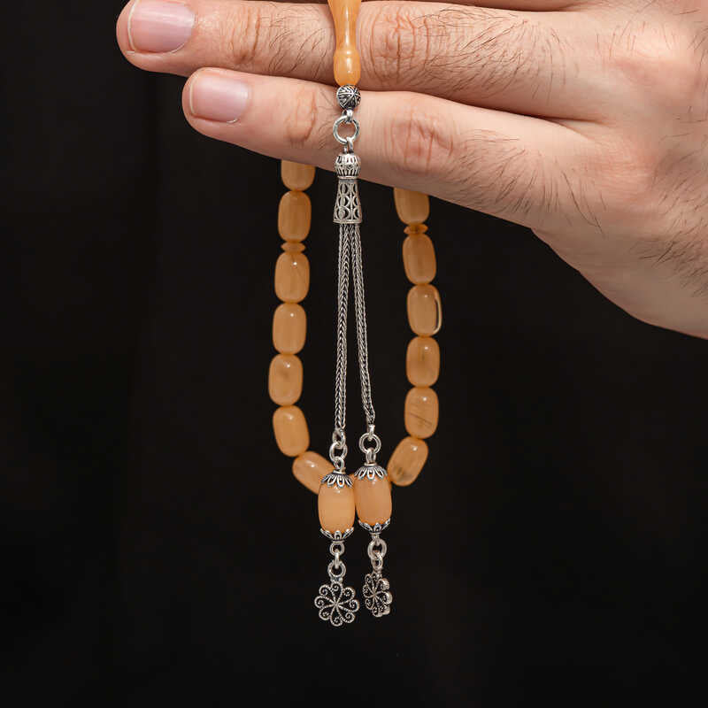 Tesbih - Pressed Amber Prayer Beads with Sterling Silver Tassel