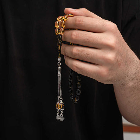 Prayer Beads - Handcrafted Pressed Amber Sterling Silver Tesbih