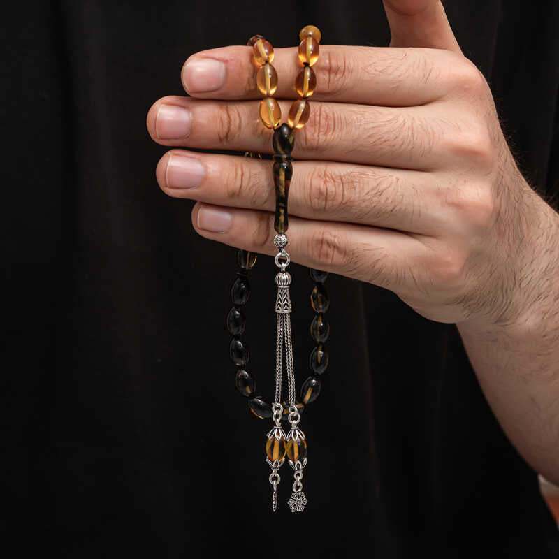 Prayer Beads - Handcrafted Pressed Amber Sterling Silver Tesbih